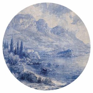 Papier Peint rond - Blue bay - Italian landscape of Lake Como painted with blue ink