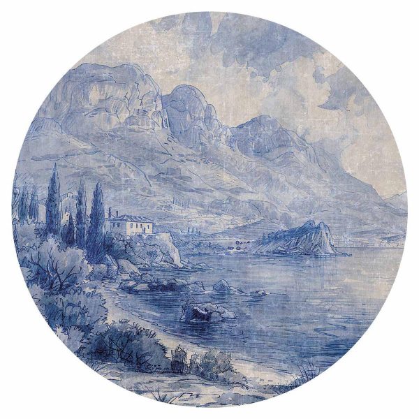 Papier Peint rond - Blue bay - Italian landscape of Lake Como painted with blue ink