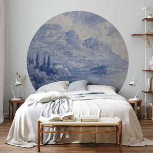 Papier Peint rond - Blue bay - Italian landscape of Lake Como painted with blue ink