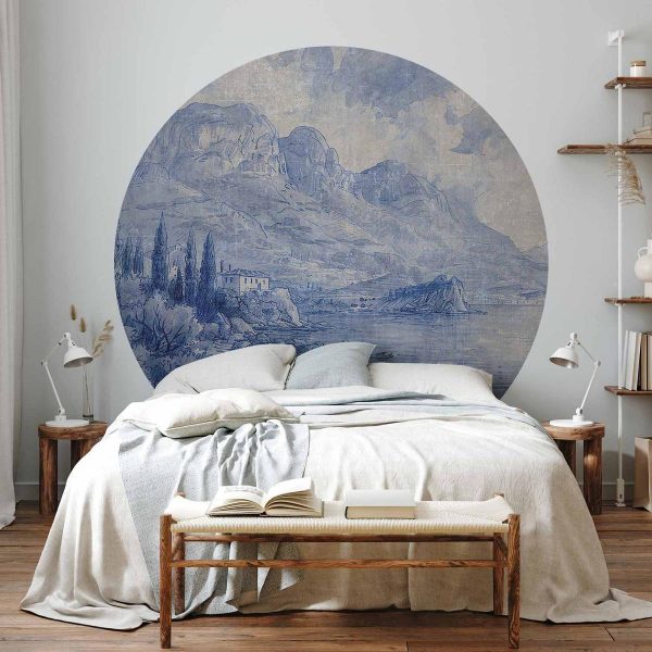 Papier Peint rond - Blue bay - Italian landscape of Lake Como painted with blue ink