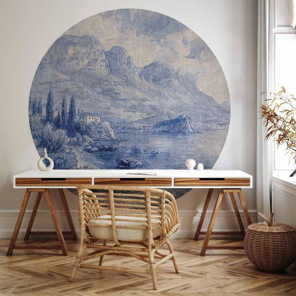 Papier Peint rond - Blue bay - Italian landscape of Lake Como painted with blue ink