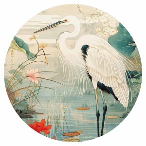 Papier Peint rond - By an Asian pond - an illustration in the style of a Japanese engraving, depicting a heron