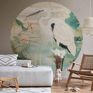 Papier Peint rond - By an Asian pond - an illustration in the style of a Japanese engraving, depicting a heron
