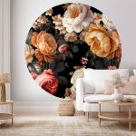 Papier Peint rond - Colourful flowers on a black background