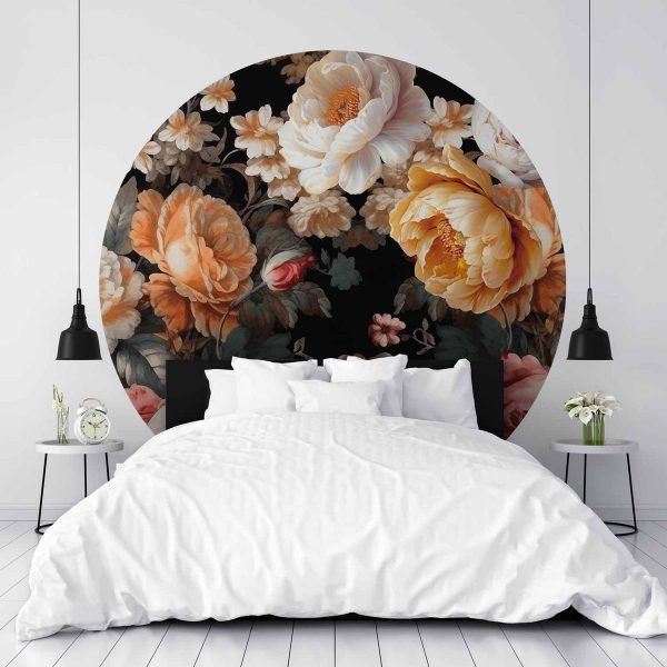 Papier Peint rond - Colourful flowers on a black background