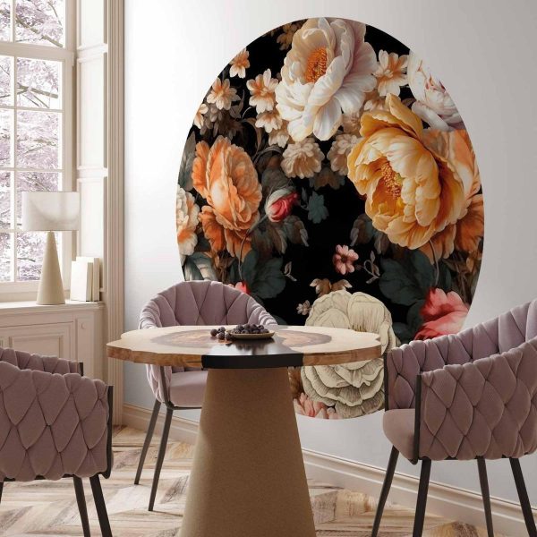 Papier Peint rond - Colourful flowers on a black background