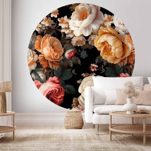 Papier Peint rond - Colourful flowers on a black background