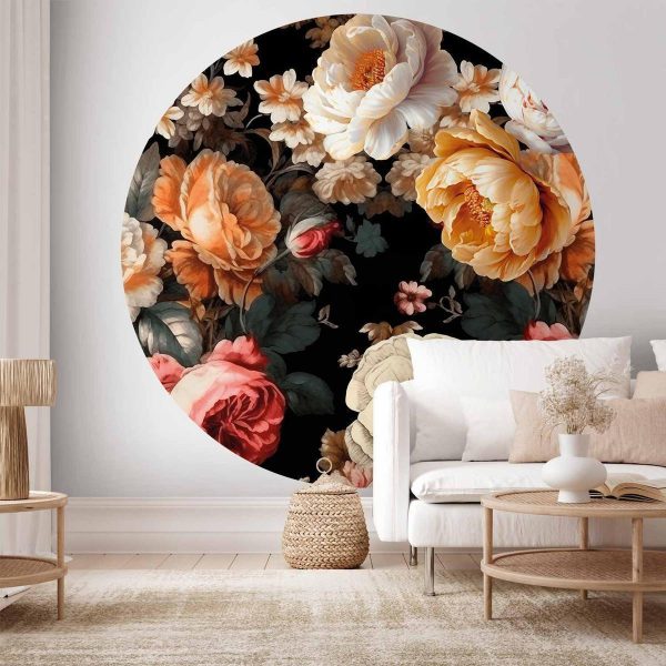 Papier Peint rond - Colourful flowers on a black background Papier Peint rond - Colourful flowers on a black background