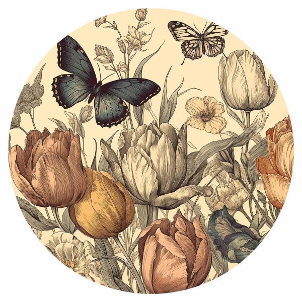 Papier Peint rond - Colourful tulips on a cream background