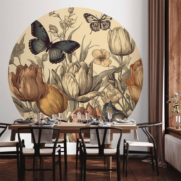 Papier Peint rond - Colourful tulips on a cream background