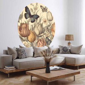 Papier Peint rond - Colourful tulips on a cream background