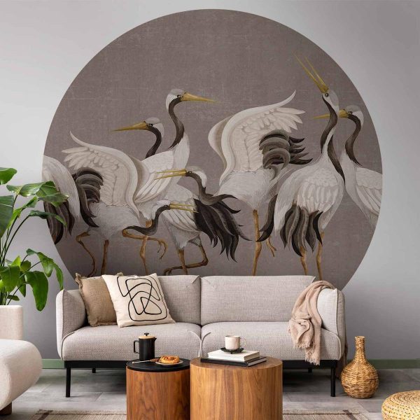 Papier Peint rond - Cranes dancing - bright silhouettes of birds on a warm grey background with texture