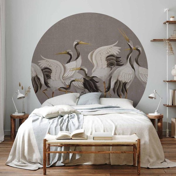 Papier Peint rond - Cranes dancing - bright silhouettes of birds on a warm grey background with texture