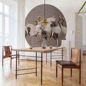 Papier Peint rond - Cranes dancing - bright silhouettes of birds on a warm grey background with texture