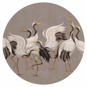 Papier Peint rond - Cranes dancing - bright silhouettes of birds on a warm grey background with texture