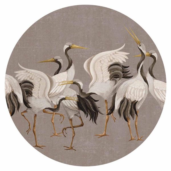 Papier Peint rond - Cranes dancing - bright silhouettes of birds on a warm grey background with texture