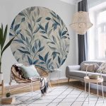 Papier Peint rond - Delicate botanical motif with blue leaves