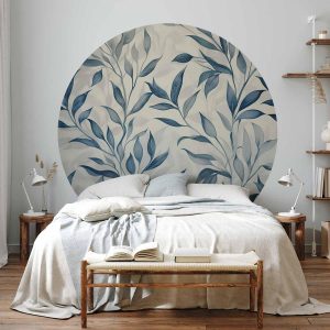 Papier Peint rond - Delicate botanical motif with blue leaves