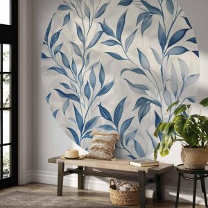 Papier Peint rond - Delicate botanical motif with blue leaves