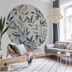 Papier Peint rond - Delicate botanical motif with blue leaves