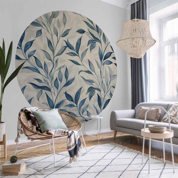 Papier Peint rond - Delicate botanical motif with blue leaves Papier Peint rond - Delicate botanical motif with blue leaves