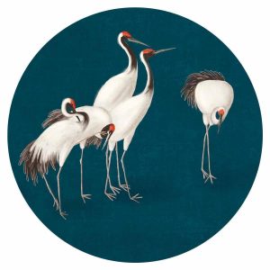 Papier Peint rond - Evening by the pond - a group of cranes drawn in dry pastel on a dark turquoise background