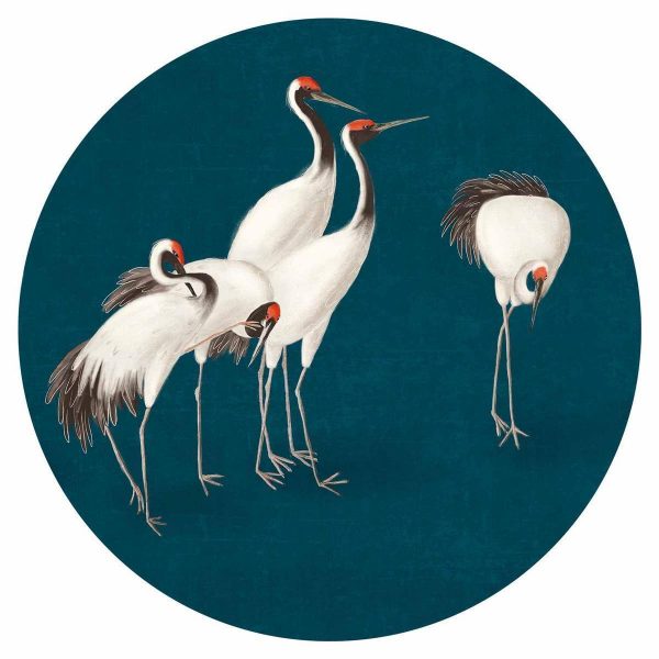 Papier Peint rond - Evening by the pond - a group of cranes drawn in dry pastel on a dark turquoise background
