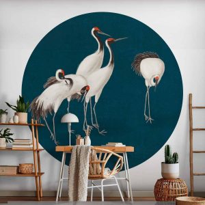 Papier Peint rond - Evening by the pond - a group of cranes drawn in dry pastel on a dark turquoise background