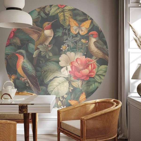 Papier Peint rond - Flowers, birds and butterflies – vintage-style illustration
