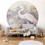 Papier Peint rond - Heron wading in a pond - illustration in bright colours