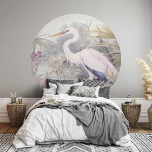 Papier Peint rond - Heron wading in a pond - illustration in bright colours