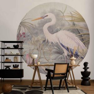 Papier Peint rond - Heron wading in a pond - illustration in bright colours
