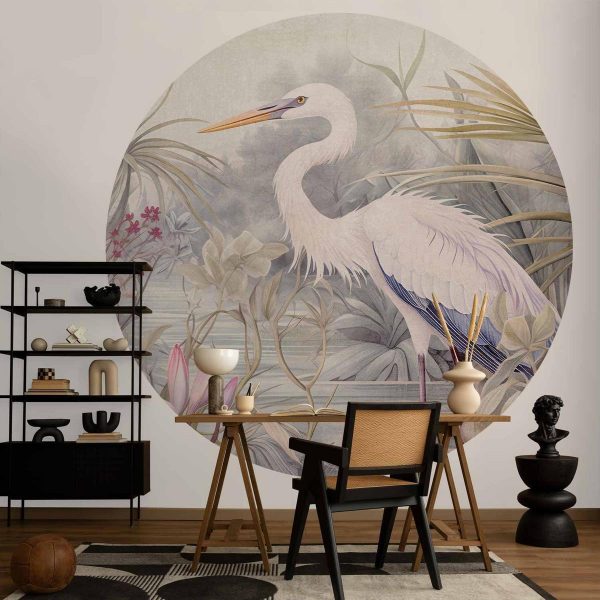 Papier Peint rond - Heron wading in a pond - illustration in bright colours