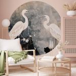 Papier Peint rond - Herons and cherry blossoms - oriental-style illustration depicting birds