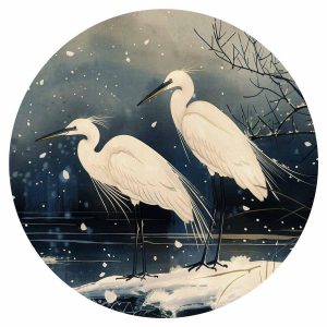 Papier Peint rond - Herons over a winter pond - Japanese-style illustration in dark colours