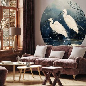 Papier Peint rond - Herons over a winter pond - Japanese-style illustration in dark colours