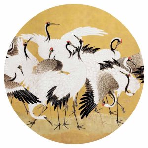 Papier Peint rond - Japanese cranes - a flock of birds against a golden background based on a painting by Ishida Yūtei