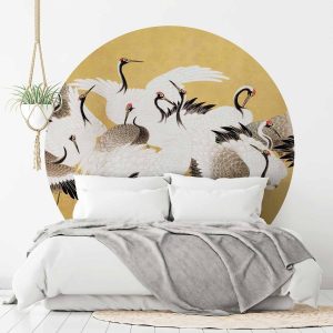 Papier Peint rond - Japanese cranes - a flock of birds against a golden background based on a painting by Ishida Yūtei