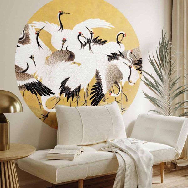 Papier Peint rond - Japanese cranes - a flock of birds against a golden background based on a painting by Ishida Yūtei