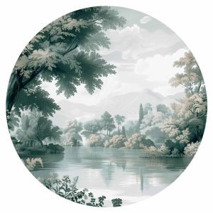 Papier Peint rond - Landscape with a park and lake in retro greens