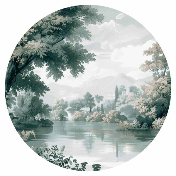 Papier Peint rond - Landscape with a park and lake in retro greens