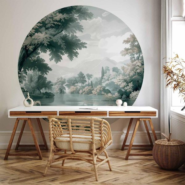 Papier Peint rond - Landscape with a park and lake in retro greens