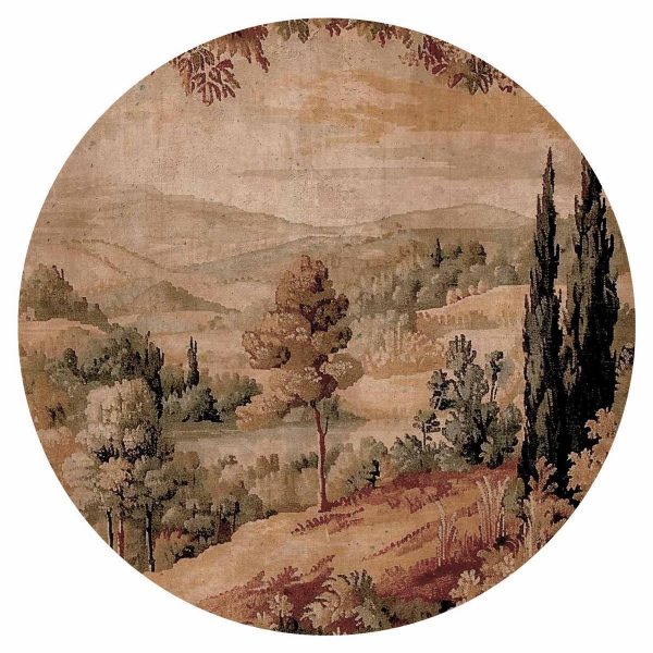 Papier Peint rond - Mediterranean landscape - old tapestry with a hill and a lake