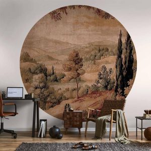 Papier Peint rond - Mediterranean landscape - old tapestry with a hill and a lake