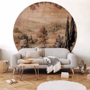 Papier Peint rond - Mediterranean landscape - old tapestry with a hill and a lake