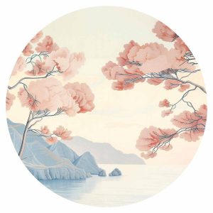 Papier Peint rond - Ocean, cliffs and trees, a delicate motif in pastel colours