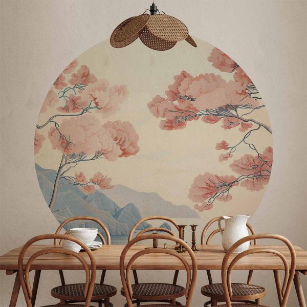 Papier Peint rond - Ocean, cliffs and trees, a delicate motif in pastel colours