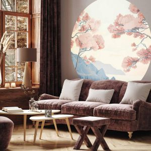 Papier Peint rond - Ocean, cliffs and trees, a delicate motif in pastel colours