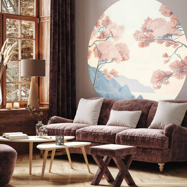 Papier Peint rond - Ocean, cliffs and trees, a delicate motif in pastel colours