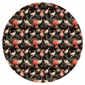 Papier Peint rond - Ornament with birds – silhouettes of cranes and peony flowers on a dark background